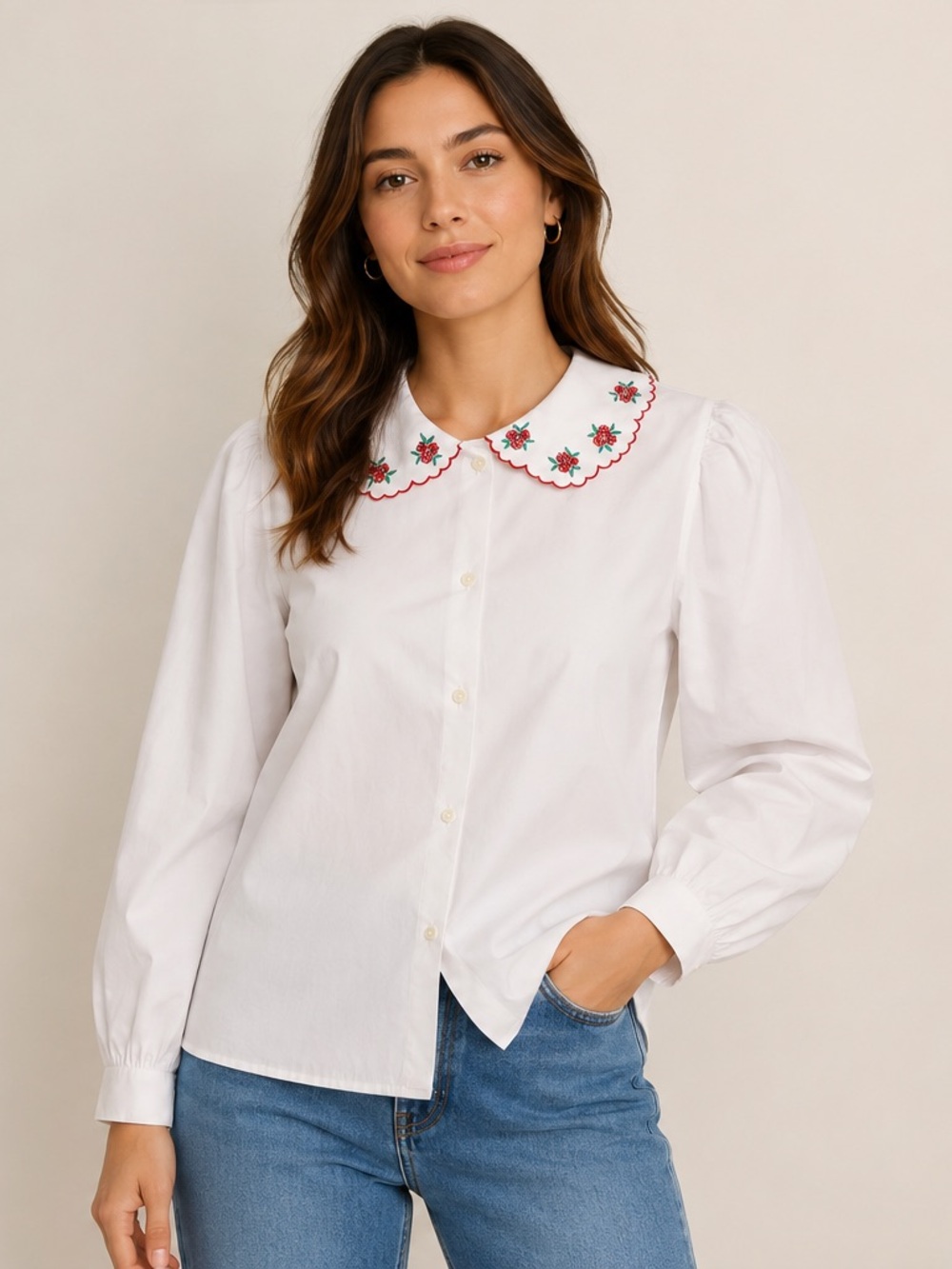 Vtg Charter Club White Button-Front Shirt Embroidered Peter Pan Collar Size 12